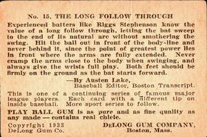 1933 DeLong Gum (R333) #15 Riggs Stephenson Back