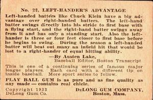 1933 DeLong Gum (R333) #22 Chuck Klein Back