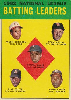 1963 Topps #1 1962 National League Batting Leaders (Tommy Davis / Frank Robinson / Stan Musial / Bill White / Hank Aaron) Front