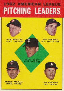 1963 Topps #8 1962 American League Pitching Leaders (Ralph Terry / Dick Donovan / Ray Herbert / Camilo Pascual / Jim Bunning) Front