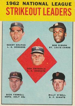 1963 Topps #9 1962 National League Strikeout Leaders (Don Drysdale / Sandy Koufax / Bob Gibson / Dick Farrell / Billy O'Dell) Front