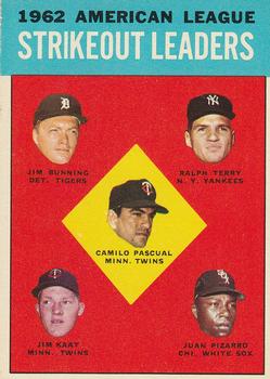1963 Topps #10 1962 American League Strikeout Leaders (Camilo Pascual / Jim Bunning / Ralph Terry / Jim Kaat / Juan Pizarro) Front