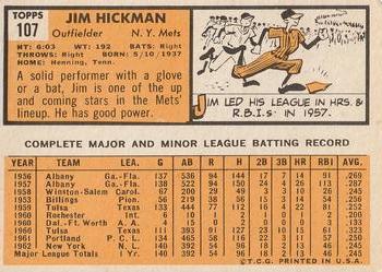 1963 Topps #107 Jim Hickman Back