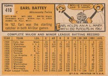 1963 Topps #410 Earl Battey Back