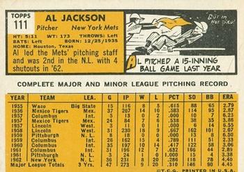 1963 Topps #111 Al Jackson Back