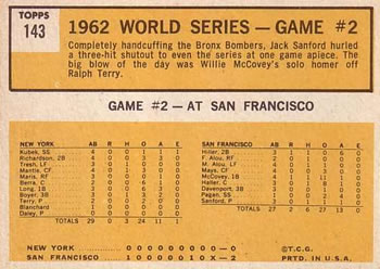1963 Topps #143 World Series Game #2: Sanford Flashes Shutout Magic Back