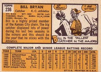 1963 Topps #236 Bill Bryan Back