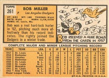 1963 Topps #261 Bob Miller Back