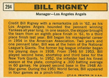 1963 Topps #294 Bill Rigney Back