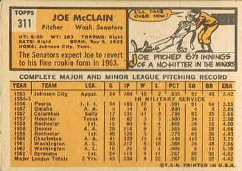 1963 Topps #311 Joe McClain Back