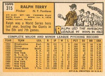 1963 Topps #315 Ralph Terry Back