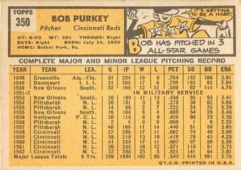 1963 Topps #350 Bob Purkey Back
