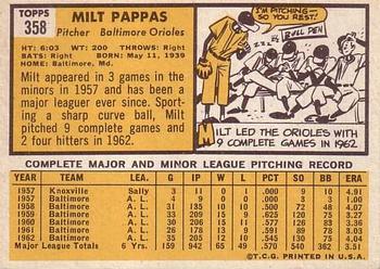 1963 Topps #358 Milt Pappas Back