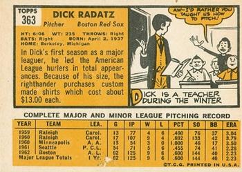1963 Topps #363 Dick Radatz Back