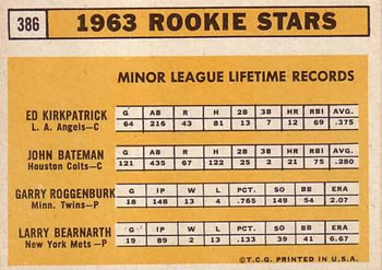 1963 Topps #386 1963 Rookie Stars (Ed Kirkpatrick / John Bateman / Garry Roggenburk / Larry Bearnarth) Back