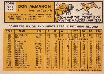1963 Topps #395 Don McMahon Back