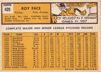 1963 Topps #409 Roy Face Back