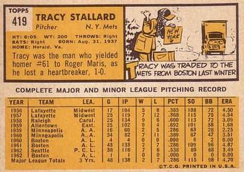 1963 Topps #419 Tracy Stallard Back