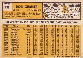 1963 Topps #439 Don Zimmer Back