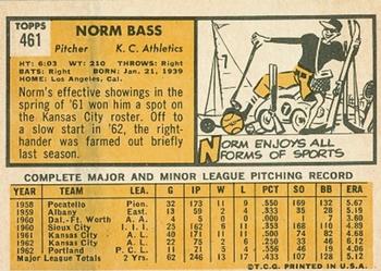 1963 Topps #461 Norm Bass Back
