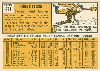 1963 Topps #471 Ken Retzer Back