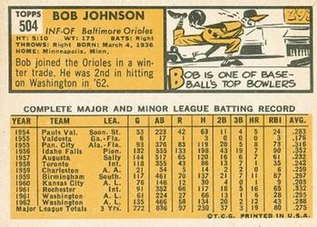 1963 Topps #504 Bob Johnson Back