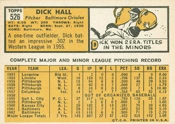 1963 Topps #526 Dick Hall Back