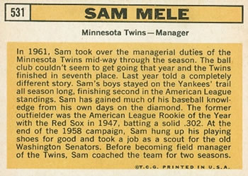 1963 Topps #531 Sam Mele Back