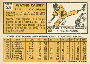 1963 Topps #539 Wayne Causey Back