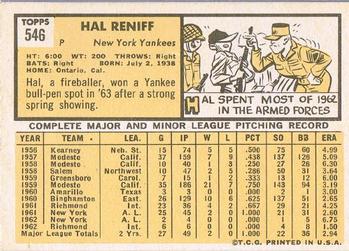 1963 Topps #546 Hal Reniff Back