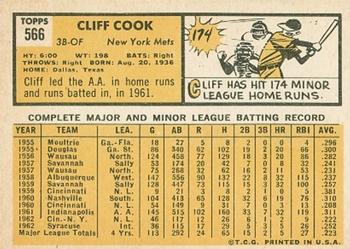 1963 Topps #566 Cliff Cook Back