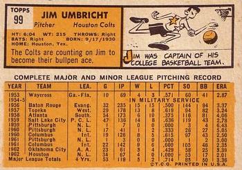 1963 Topps #99 Jim Umbricht Back