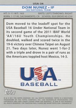 2011 Topps USA Baseball #USA-34 Dom Nunez Back