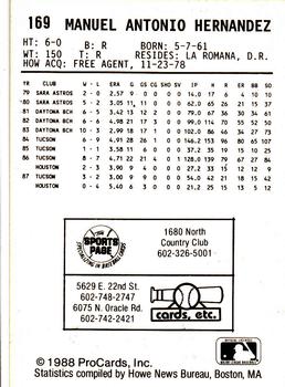 1988 ProCards #169 Manny Hernandez Back