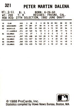 1988 ProCards #321 Pete Dalena Back