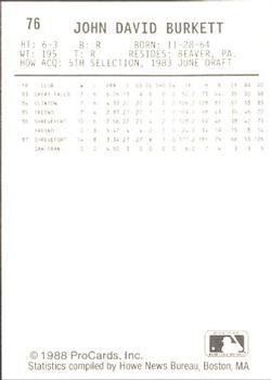 1988 ProCards #76 John Burkett Back