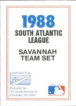 1988 ProCards #NNO Savannah Cardinals Checklist Front