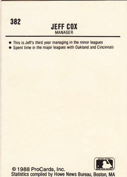 1988 ProCards #382 Jeff Cox Back
