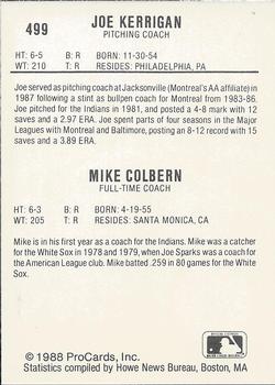 1988 ProCards #499 Joe Kerrigan / Mike Colbern Back