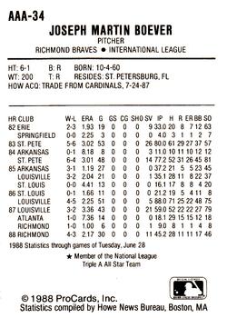 1988 ProCards Triple A All-Stars #34 Joe Boever Back