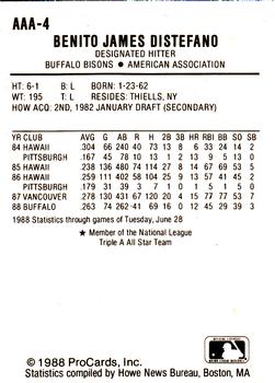 1988 ProCards Triple A All-Stars #4 Benny Distefano Back