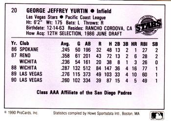 1990 ProCards AAA #20 Jeff Yurtin Back