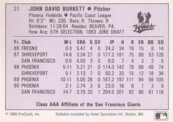 1990 ProCards AAA #31 John Burkett Back