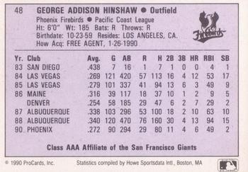 1990 ProCards AAA #48 George Hinshaw Back