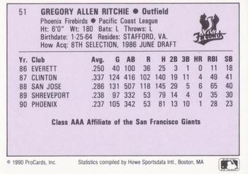 1990 ProCards AAA #51 Gregg Ritchie Back