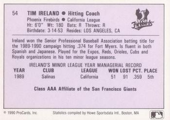1990 ProCards AAA #54 Tim Ireland Back