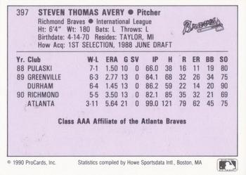1990 ProCards AAA #397 Steve Avery Back