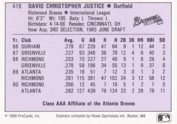 1990 ProCards AAA #418 Dave Justice Back