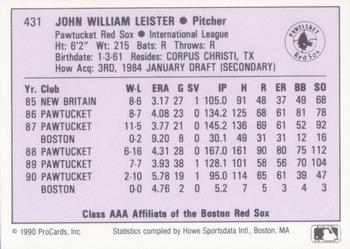 1990 ProCards AAA #431 John Leister Back