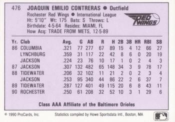 1990 ProCards AAA #476 Joaquin Contreras Back